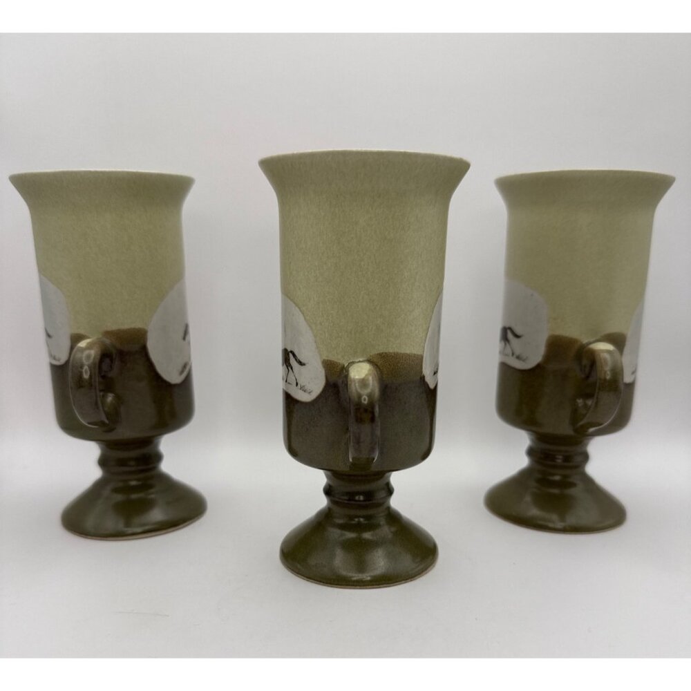 Vtg Otagiri Stoneware Irish Coffee 3 Mugs Pedestal Running Horses Japan 5.5 in T - Picture 2 of 9